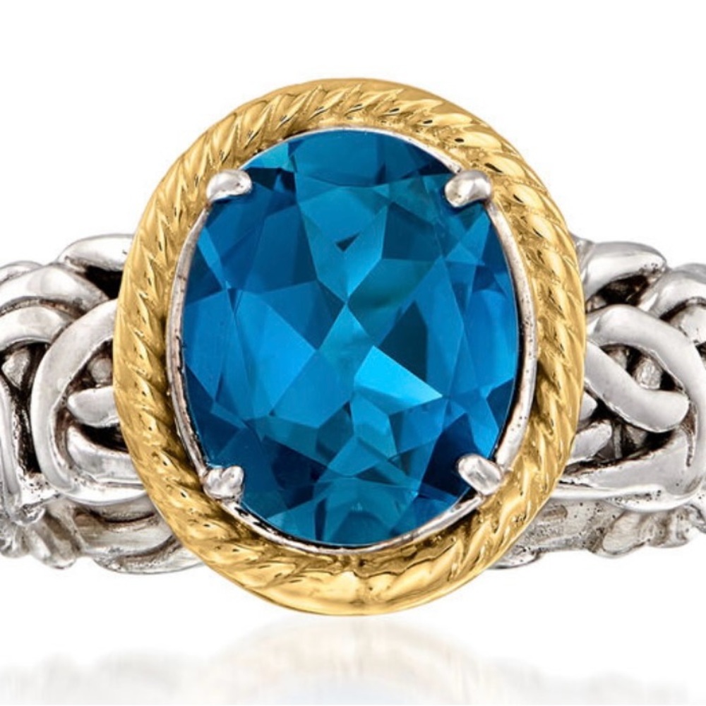 4.1 Carat London Blue Topaz Byzantine Ring in Sterling Silver and 14k Gold